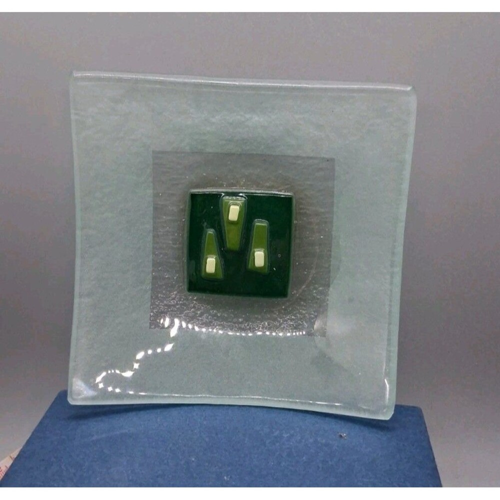 Fused Art Glass Curved  Trinket Soap Jewelry Dish Green Shades Geometric Design